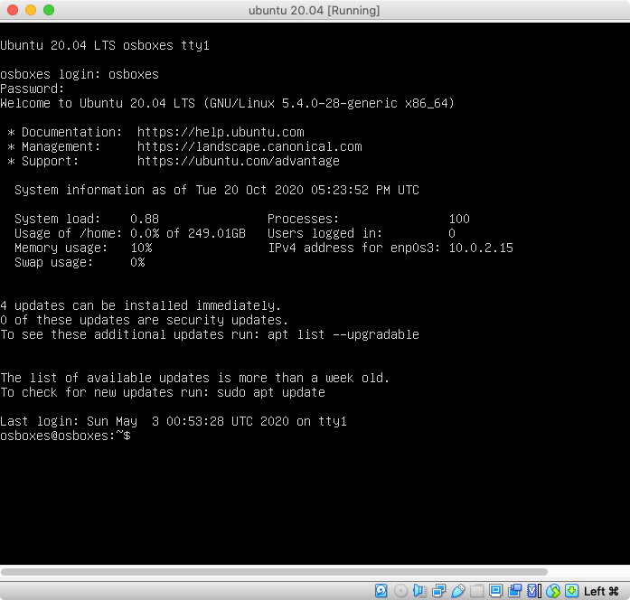 VirtualBox running Ubuntu 20.02 server