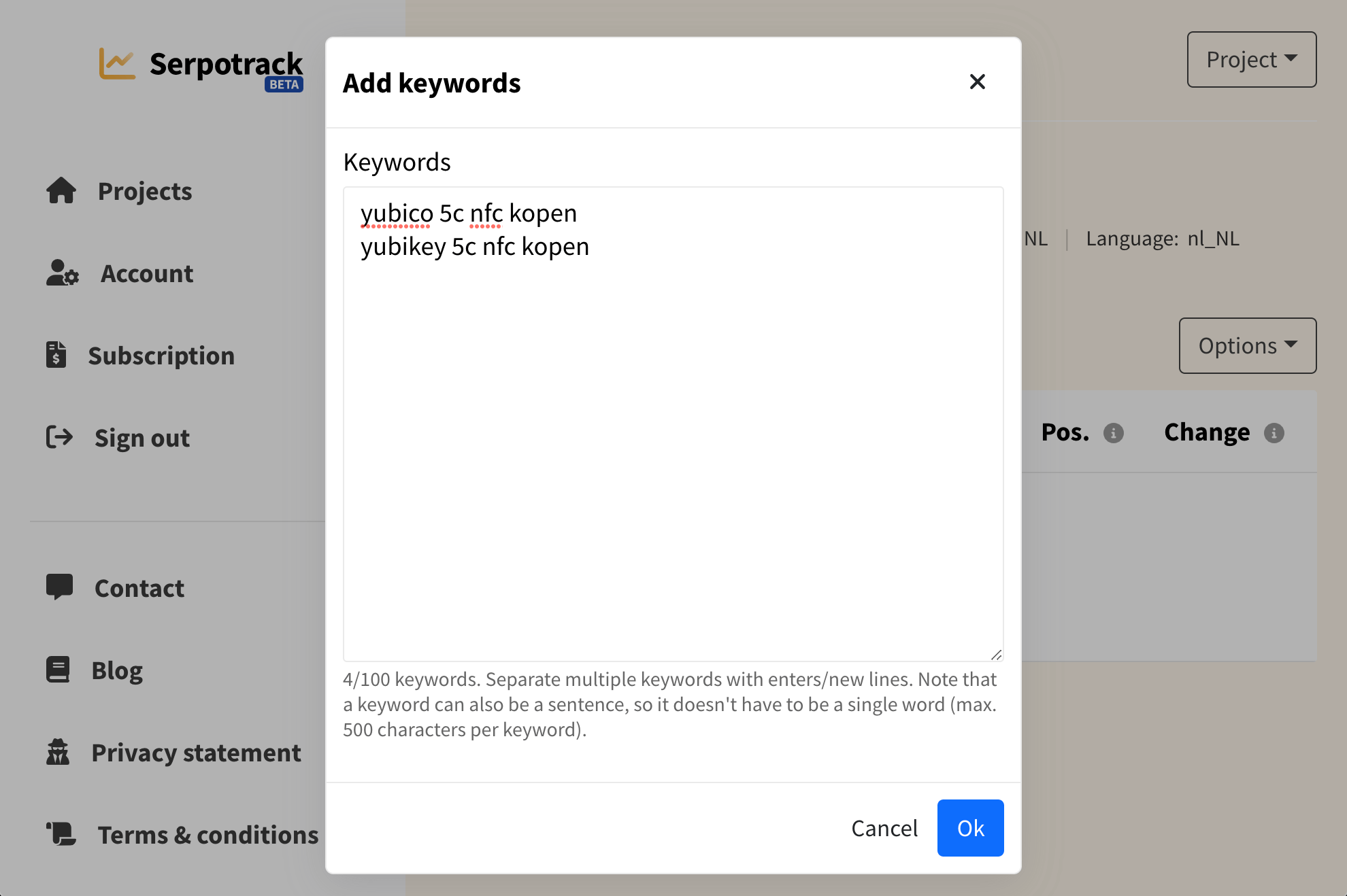 Adding keywords to track in batch